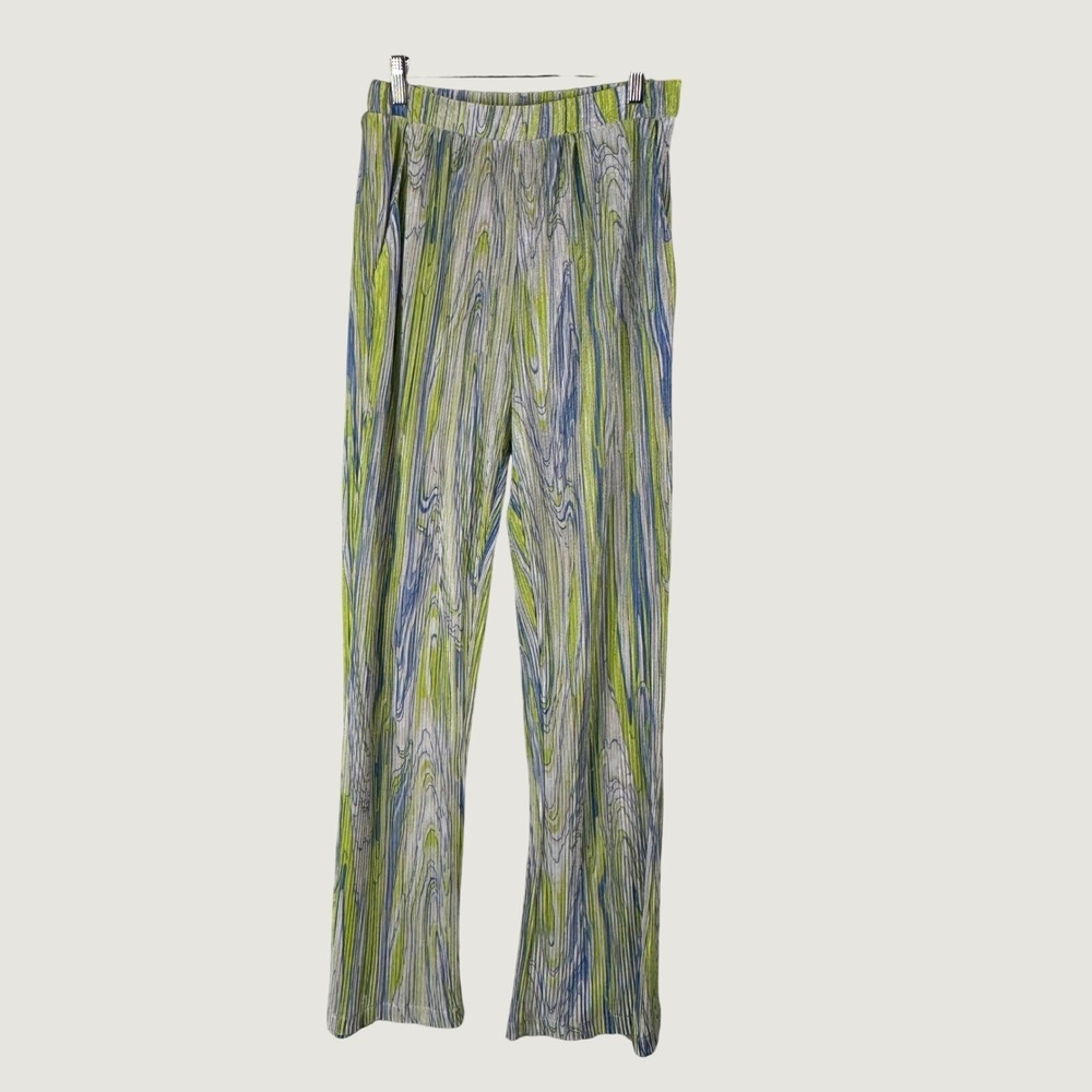 Find Me Now Plisse Pleated Pants S Green Blue Marble Psychedelic High‎ Waist